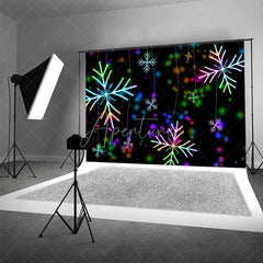 Aperturee - Aperturee Neon Snowflake Christmas Backdrop Glowing Rainbow Lights Black Background Winter Holiday Party Decor