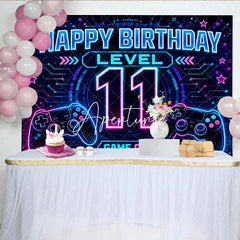 Aperturee - Aperturee Neon Video Game Level 11 Happy Birthday Backdrop Glowing Gamer Controller Theme Party Decoration Banner