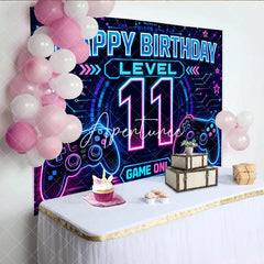 Aperturee - Aperturee Neon Video Game Level 11 Happy Birthday Backdrop Glowing Gamer Controller Theme Party Decoration Banner
