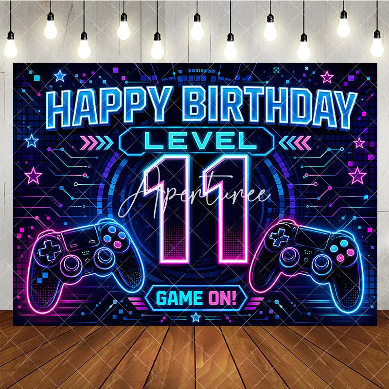 Aperturee - Aperturee Neon Video Game Level 11 Happy Birthday Backdrop Glowing Gamer Controller Theme Party Decoration Banner