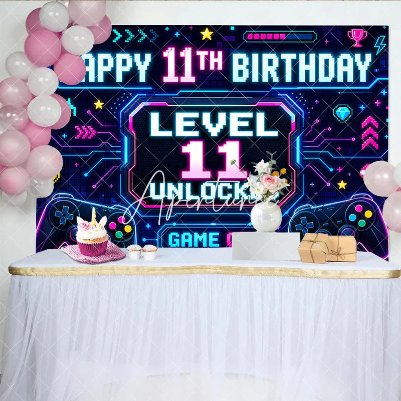 Aperturee - Aperturee Neon Video Game Level 11 Unlocked Happy 11th Birthday Backdrop Retro Pixel Gamer Theme Party Decoration