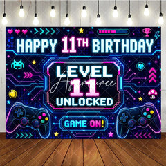 Aperturee - Aperturee Neon Video Game Level 11 Unlocked Happy 11th Birthday Backdrop Retro Pixel Gamer Theme Party Decoration