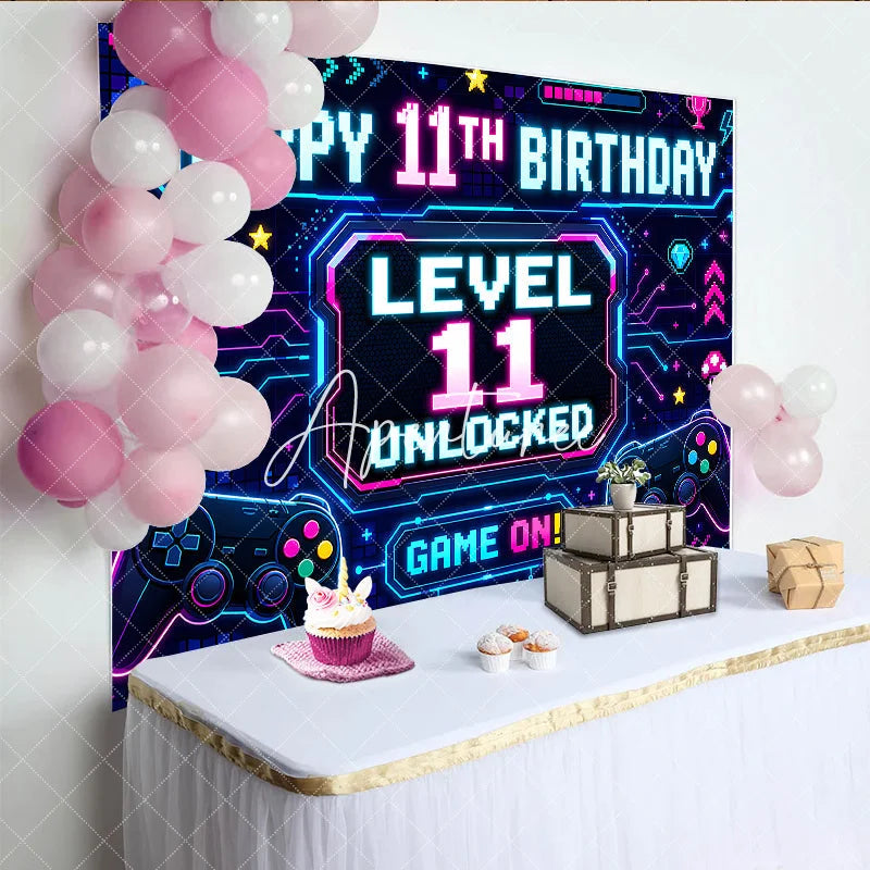 Aperturee - Aperturee Neon Video Game Level 11 Unlocked Happy 11th Birthday Backdrop Retro Pixel Gamer Theme Party Decoration