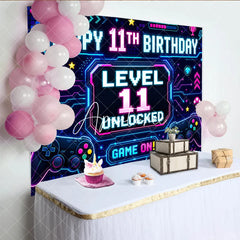 Aperturee - Aperturee Neon Video Game Level 11 Unlocked Happy 11th Birthday Backdrop Retro Pixel Gamer Theme Party Decoration