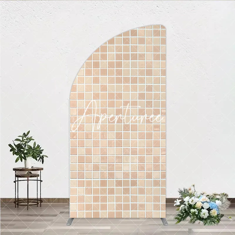 Aperturee - Aperturee Neutral Beige and Light Brown Mosaic Tile Pattern Half Moon Arch Backdrop Versatile Photo Background Decor
