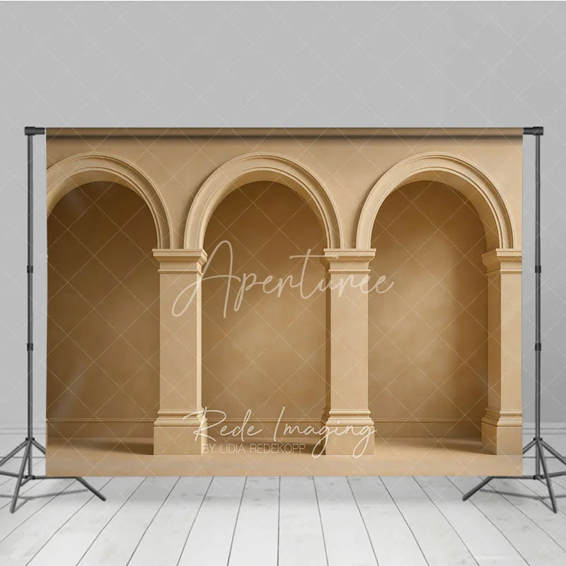 Aperturee - Aperturee Neutral Beige Textured Wall Photography Backdrop with Classical Arches and Columns Elegant Architectural Design
