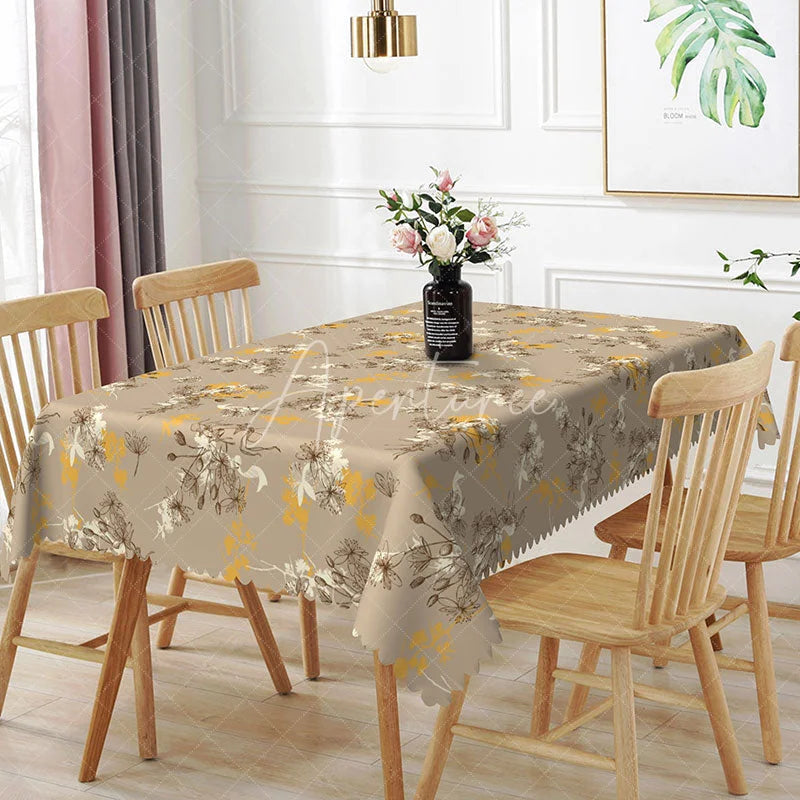 Aperturee - Aperturee Neutral Taupe Floral Sketch Rectangle Tablecloth Brown Wildflower Branch Pattern Cover Rustic Farmhouse Decor