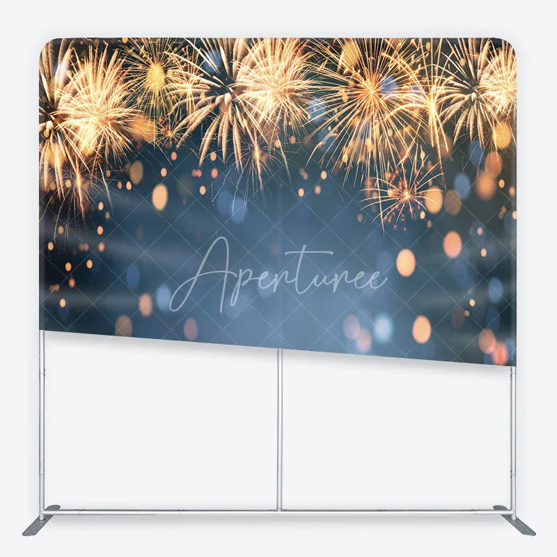 Aperturee - Aperturee New Year Celebration Tension Fabric Backdrop Golden Festive Sparks Blue Bokeh Holiday Party Photography Background