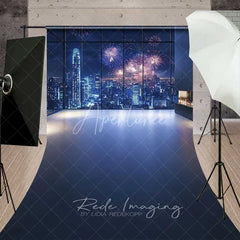 Aperturee - Aperturee New Year City Skyline Sweep Backdrop Night Fireworks Window View Photography Floor Mat Celebration Party Decoration