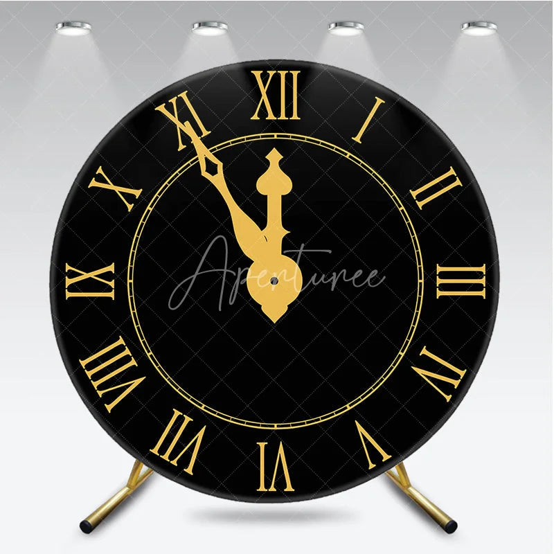 Aperturee - Aperturee New Year Eve Countdown Clock Round Backdrop Black Gold Midnight Party Decor