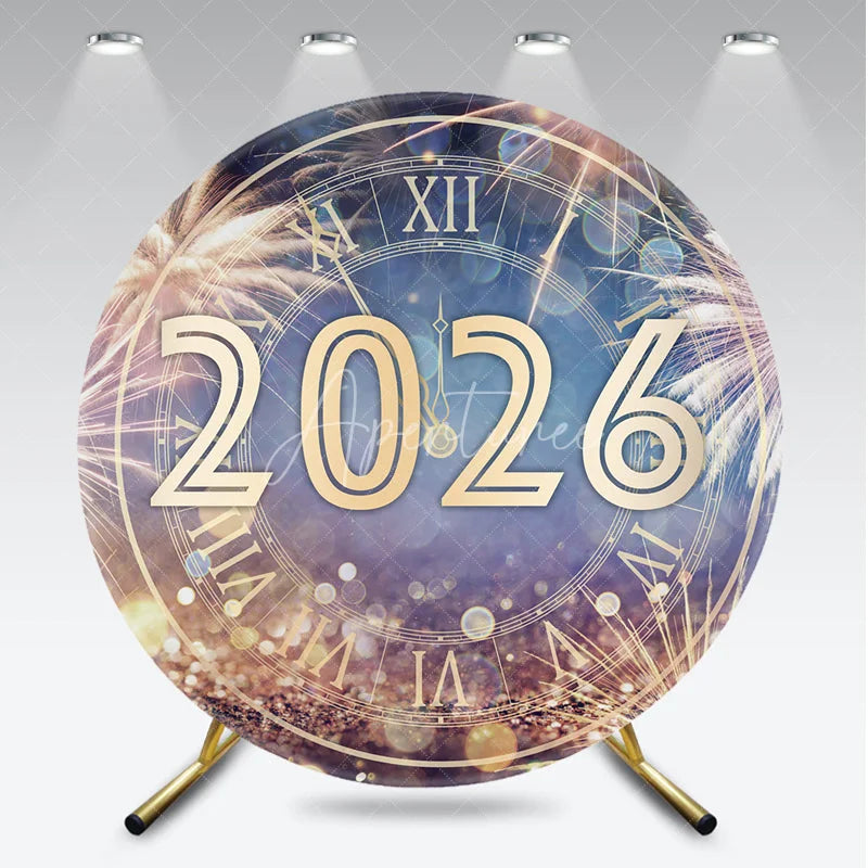 Aperturee - Aperturee New Year’s Eve 2026 Countdown Clock Round Backdrop Gold Fireworks and Glitter Elegant Midnight Party Decor