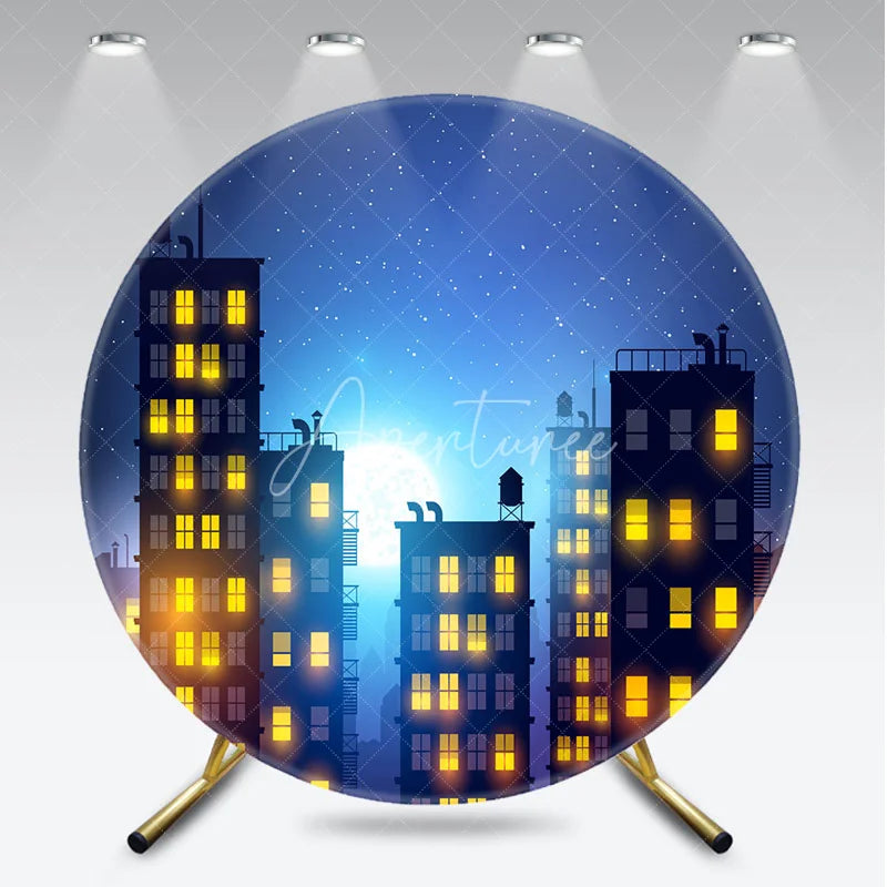 Aperturee - Aperturee Night City Skyline Round Backdrop with Starry Sky and Full Moon Glowing Windows Urban Scene Decor