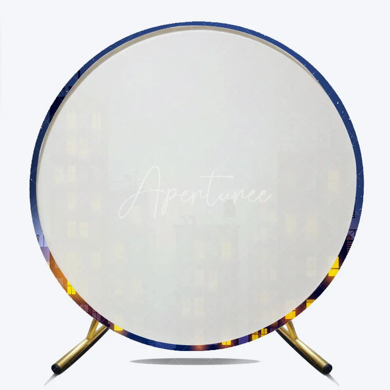Aperturee - Aperturee Night City Skyline Round Backdrop with Starry Sky and Full Moon Glowing Windows Urban Scene Decor