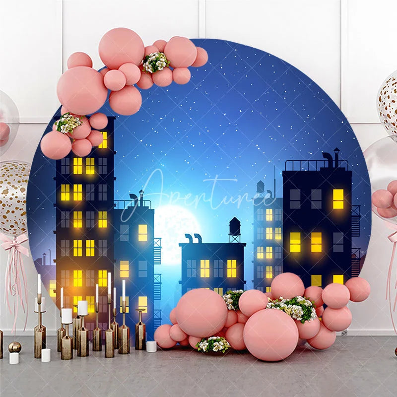 Aperturee - Aperturee Night City Skyline Round Backdrop with Starry Sky and Full Moon Glowing Windows Urban Scene Decor