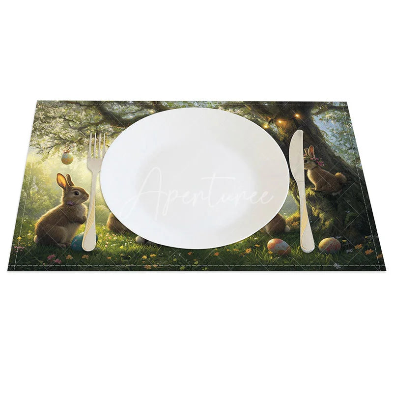Aperturee - Aperturee Night Garden Bunny Set of 4 Placemats Rabbits with String Lights Enchanted Easter Holiday Table Mats