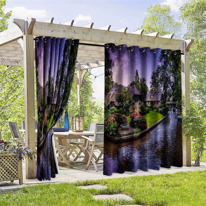 Aperturee - Aperturee Night Lake Garden Waterproof Printed Outdoor Curtains