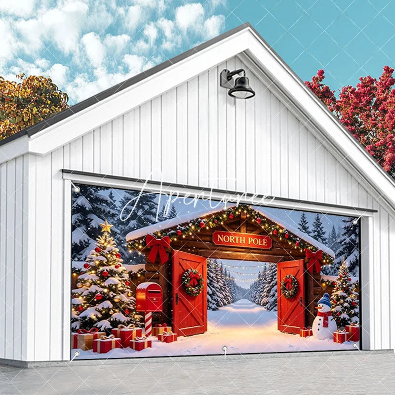 Aperturee - Aperturee North Pole Christmas Snowy Archway Garage Door Banner Festive Winter Wonderland Holiday Decor with Snowman and Gifts