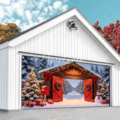 Aperturee - Aperturee North Pole Christmas Snowy Archway Garage Door Banner Festive Winter Wonderland Holiday Decor with Snowman and Gifts