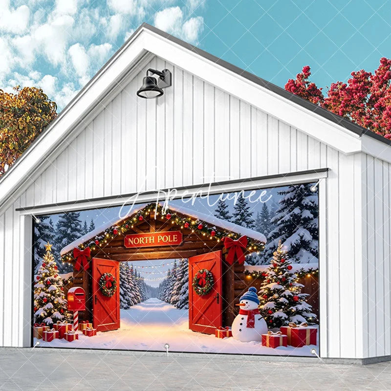 Aperturee - Aperturee North Pole Christmas Snowy Archway Garage Door Banner Festive Winter Wonderland Holiday Decor with Snowman and Gifts