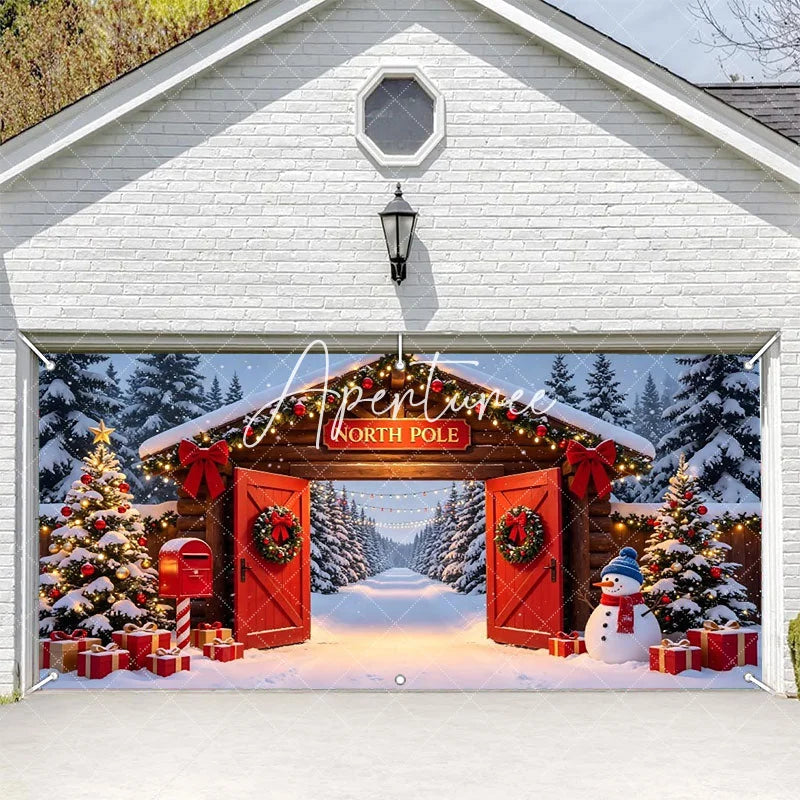 Aperturee - Aperturee North Pole Christmas Snowy Archway Garage Door Banner Festive Winter Wonderland Holiday Decor with Snowman and Gifts