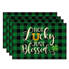 Aperturee - Aperturee Not Lucky Just Blessed Set of 4 Placemats St. Patricks Day Golden Horseshoe Green Plaid Table Mats