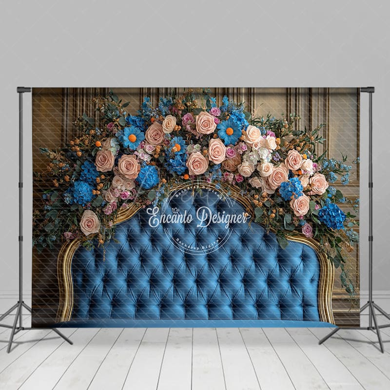 Aperturee - Aperturee Nude Blue Flowers Elegant Cute Headboard Backdrop