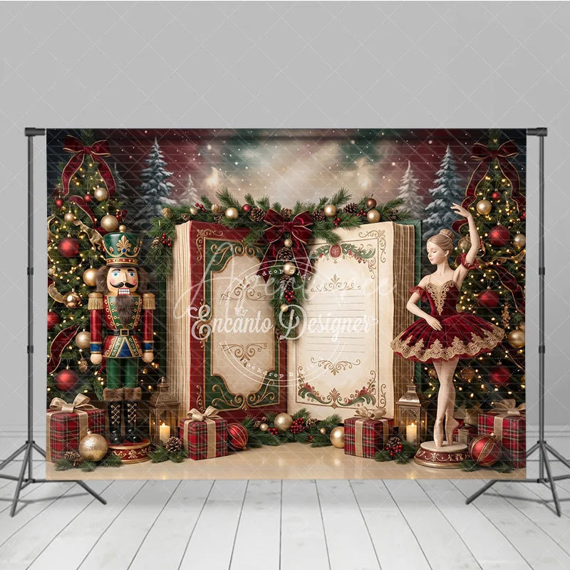 Aperturee - Aperturee Nutcracker Ballerina Christmas Holiday Backdrop with Decorated Trees Festive Gifts and Open Storybook