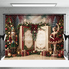 Aperturee - Aperturee Nutcracker Ballerina Christmas Holiday Backdrop with Decorated Trees Festive Gifts and Open Storybook