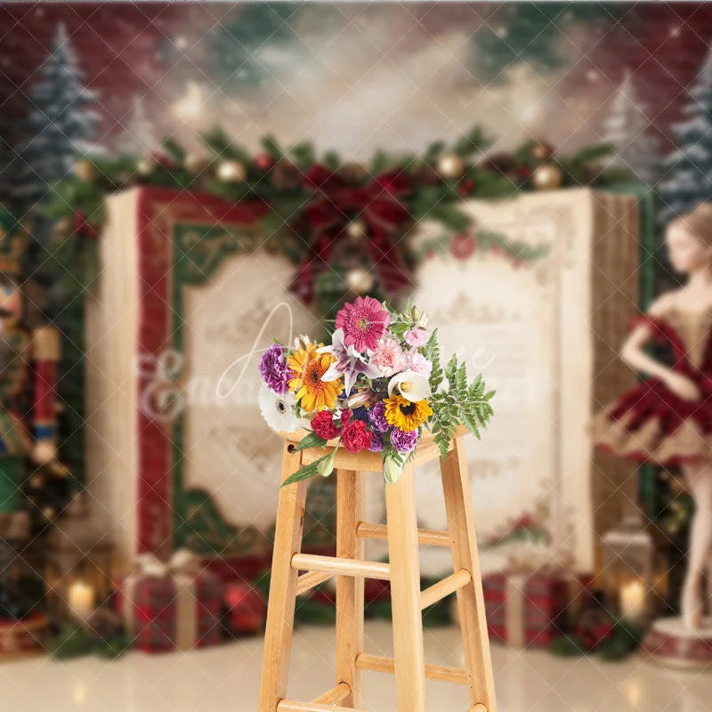 Aperturee - Aperturee Nutcracker Ballerina Christmas Holiday Backdrop with Decorated Trees Festive Gifts and Open Storybook