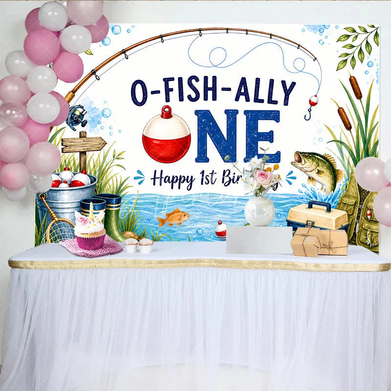 Aperturee - Aperturee O-FISH-ALLY ONE Fishing 1st Birthday Backdrop Fishing Rod and Tackle Box Happy First Birthday Party Decor