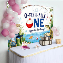 Aperturee - Aperturee O-FISH-ALLY ONE Fishing 1st Birthday Backdrop Fishing Rod and Tackle Box Happy First Birthday Party Decor