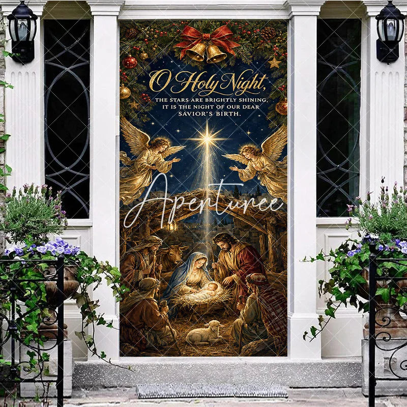 Aperturee - Aperturee O Holy Night Nativity Scene Christmas Door Cover Traditional Angels and Shining Star Holiday Decor