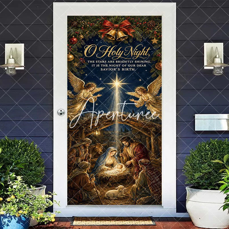 Aperturee - Aperturee O Holy Night Nativity Scene Christmas Door Cover Traditional Angels and Shining Star Holiday Decor