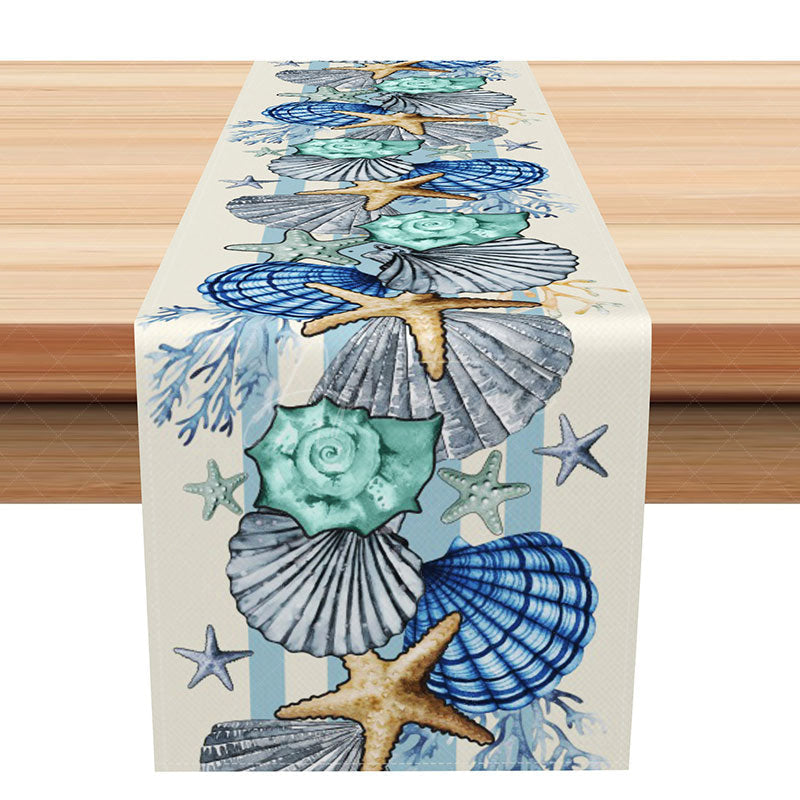 Aperturee - Aperturee Ocean Blue Table Runner with Starfish and Coral Nautical Beach House Decor Under the Sea Themed Kitchen Linen