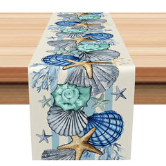 Aperturee - Aperturee Ocean Blue Table Runner with Starfish and Coral Nautical Beach House Decor Under the Sea Themed Kitchen Linen
