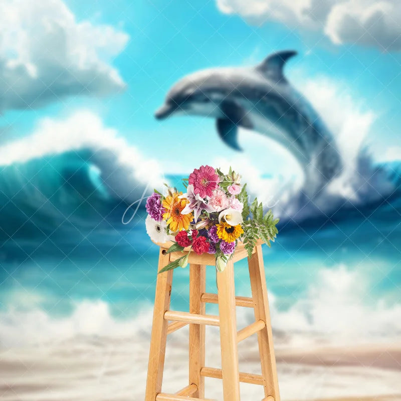 Aperturee - Aperturee Ocean Waves Jumping Dolphin Summer Photography Backdrop Tropical Sunny Beach Vacation Studio Background