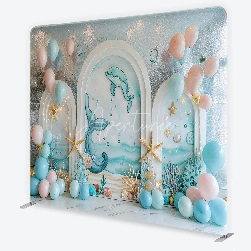 Aperturee - Aperturee Oceanic Dolphin Whale Tail Square Double-Sided Backdrop with Starfish for Baby Shower Birthday Party