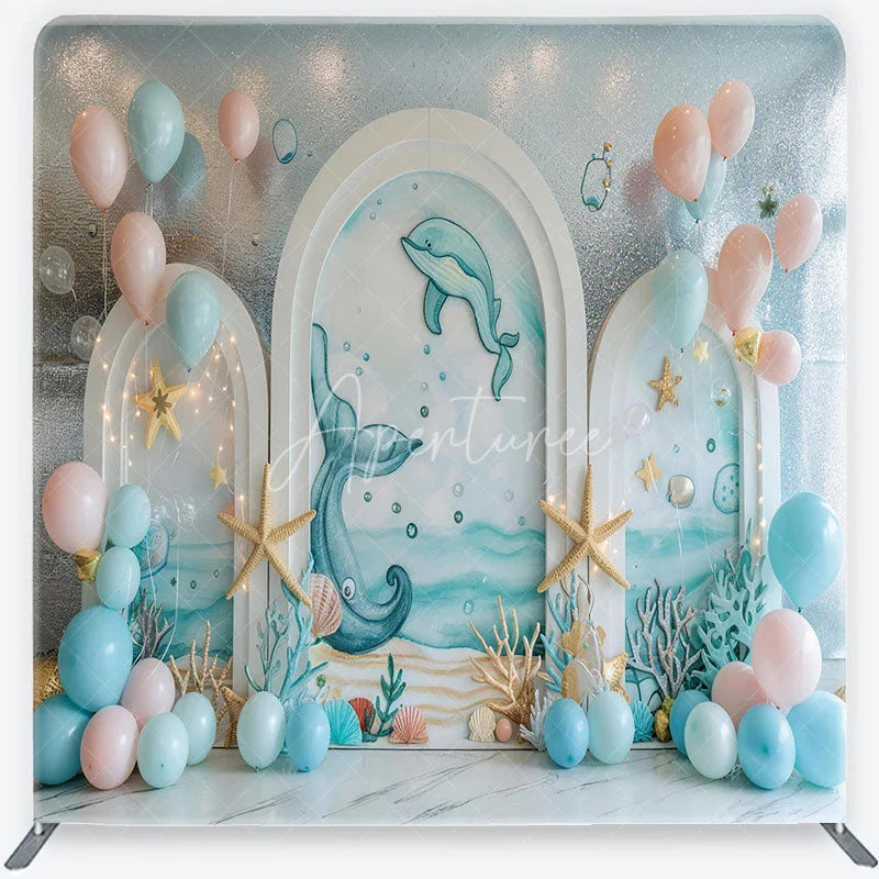 Aperturee - Aperturee Oceanic Dolphin Whale Tail Square Double-Sided Backdrop with Starfish for Baby Shower Birthday Party
