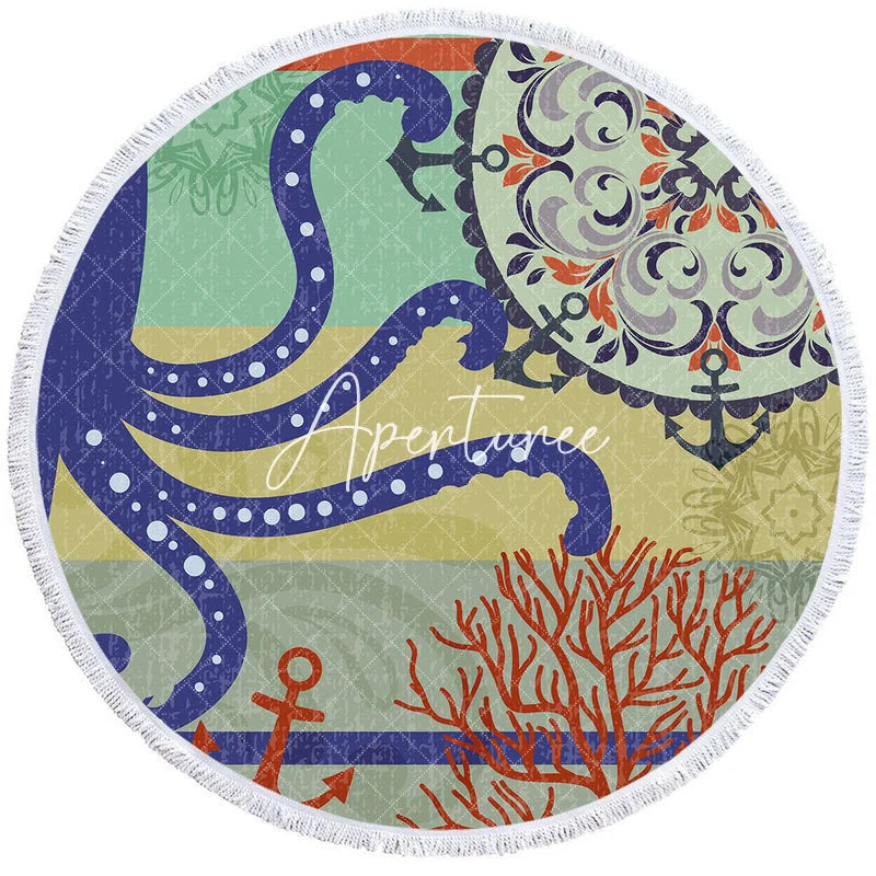 Aperturee - Aperturee Octopus Anchor Ocean Summer Vibe Round Beach Towel