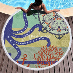 Aperturee - Aperturee Octopus Anchor Ocean Summer Vibe Round Beach Towel