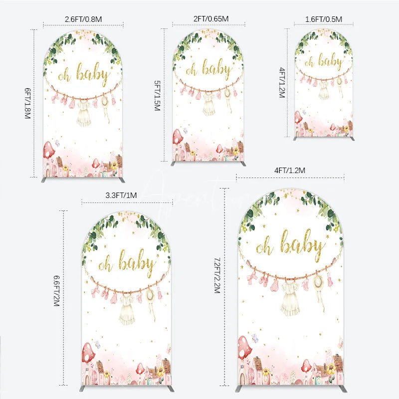Aperturee - Aperturee Oh Baby Clothesline Arch Backdrop for Baby Shower Whimsical Pink and Gold with Fairytale Village Girl Party Decor