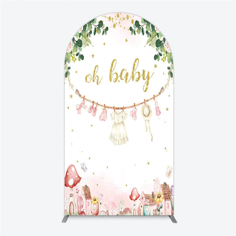 Aperturee - Aperturee Oh Baby Clothesline Arch Backdrop for Baby Shower Whimsical Pink and Gold with Fairytale Village Girl Party Decor