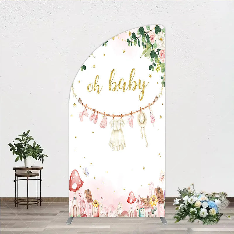 Aperturee - Aperturee Oh Baby Clothesline Half Moon Arch Backdrop for Baby Shower Whimsical Pink and Gold with Fairytale Village Girl Party