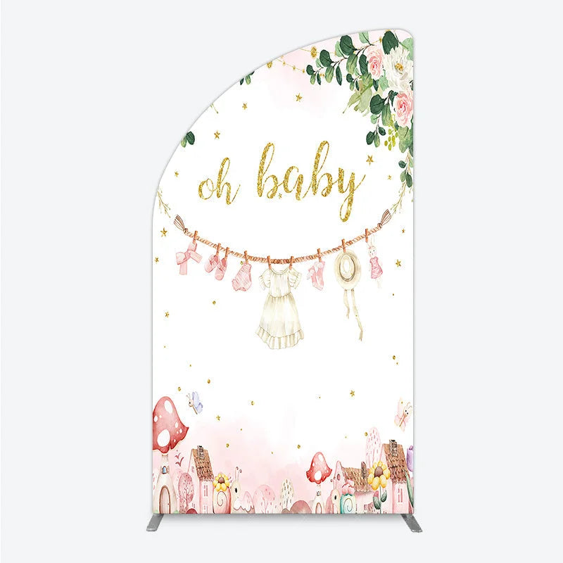 Aperturee - Aperturee Oh Baby Clothesline Half Moon Arch Backdrop for Baby Shower Whimsical Pink and Gold with Fairytale Village Girl Party