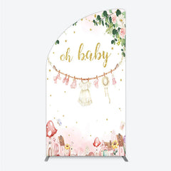 Aperturee - Aperturee Oh Baby Clothesline Half Moon Arch Backdrop for Baby Shower Whimsical Pink and Gold with Fairytale Village Girl Party