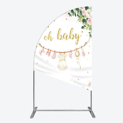 Aperturee - Aperturee Oh Baby Clothesline Half Moon Arch Backdrop for Baby Shower Whimsical Pink and Gold with Fairytale Village Girl Party