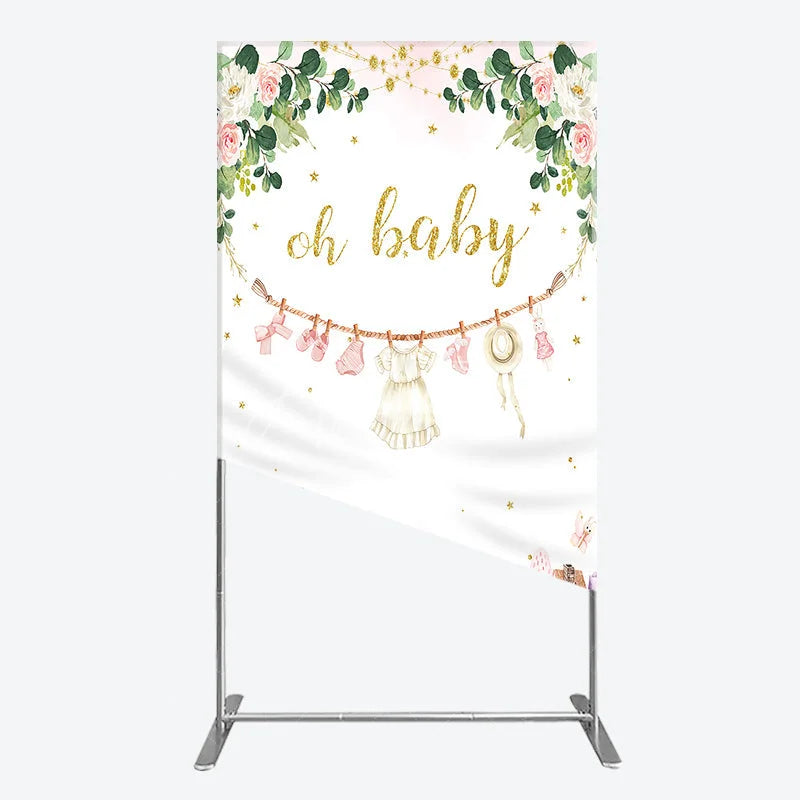 Aperturee - Aperturee Oh Baby Clothesline Rectangle Backdrop for Baby Shower Whimsical Pink and Gold with Fairytale Village Girl Party Decor