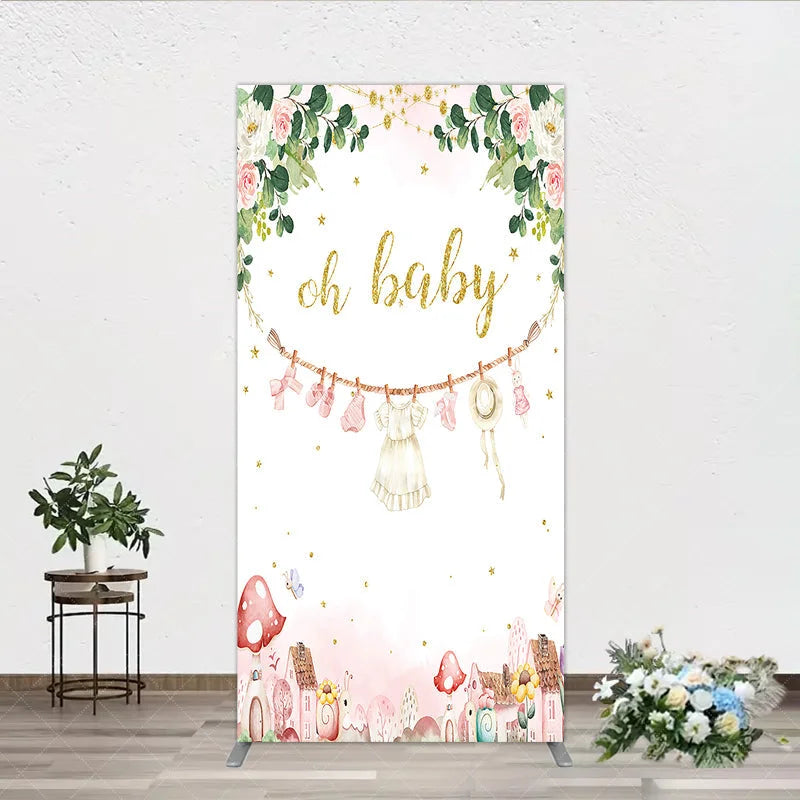 Aperturee - Aperturee Oh Baby Clothesline Rectangle Backdrop for Baby Shower Whimsical Pink and Gold with Fairytale Village Girl Party Decor