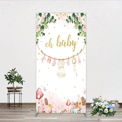 Aperturee - Aperturee Oh Baby Clothesline Rectangle Backdrop for Baby Shower Whimsical Pink and Gold with Fairytale Village Girl Party Decor
