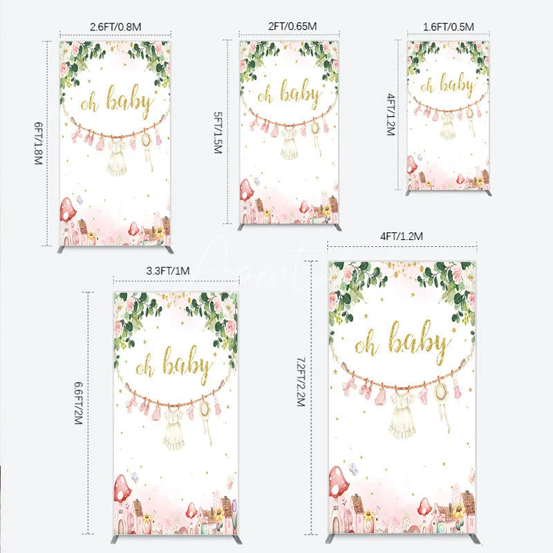 Aperturee - Aperturee Oh Baby Clothesline Rectangle Backdrop for Baby Shower Whimsical Pink and Gold with Fairytale Village Girl Party Decor